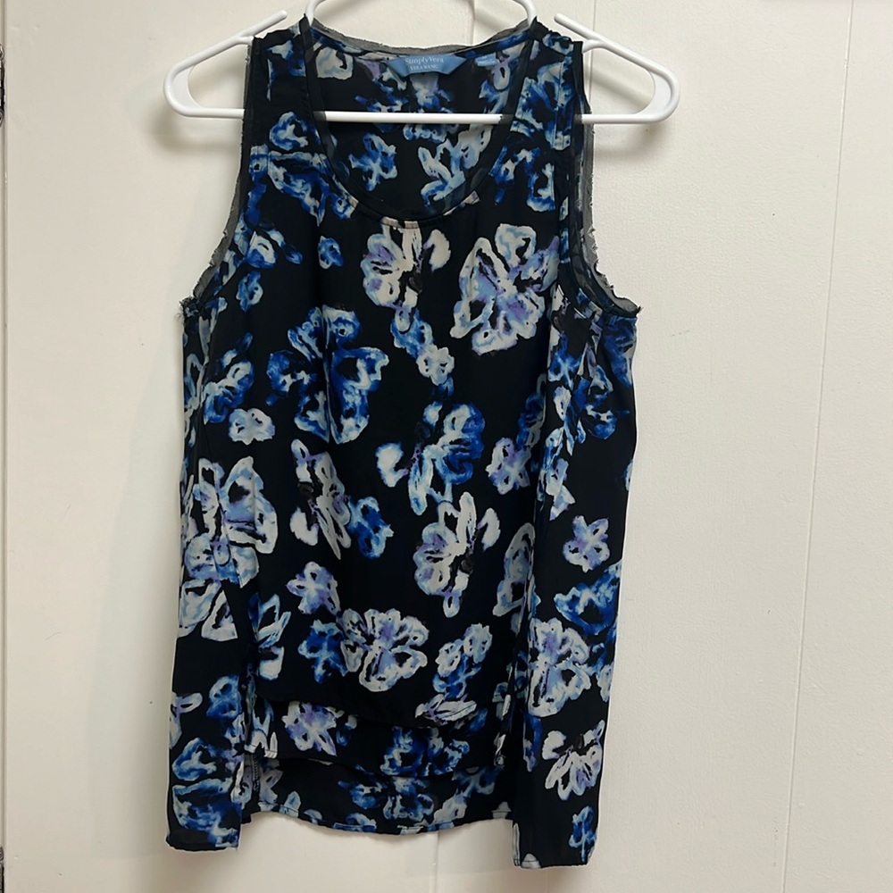 Dressy Black Tank with Blue Floral Watercolors